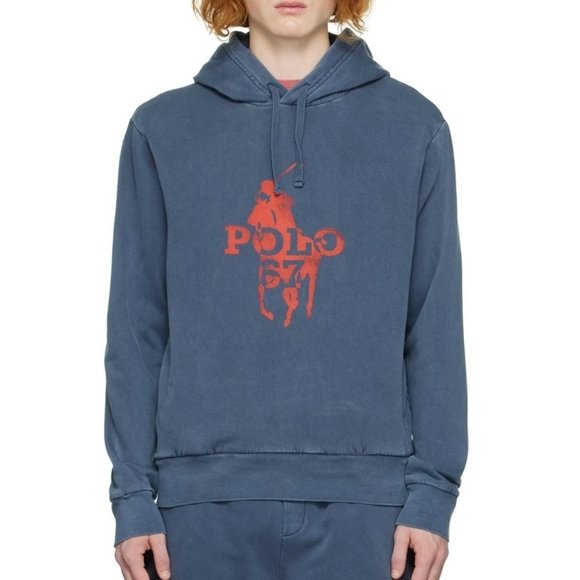 Polo Ralph Lauren Men's Pullover Hoodie Faded Graphic POLO 67 Big Pony Logo Navy - Picture 1 of 5